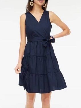 J. Crew Faux-Wrap Sleeveless Tiered Mini Dress Navy Blue Cotton Size 10 NWT